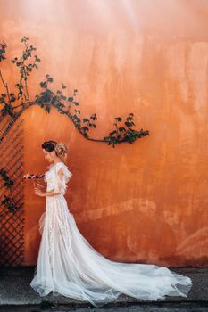 a beautiful bride with pleasant features in a wedding dress is photographed in Provence. Portrait of the bride in France.