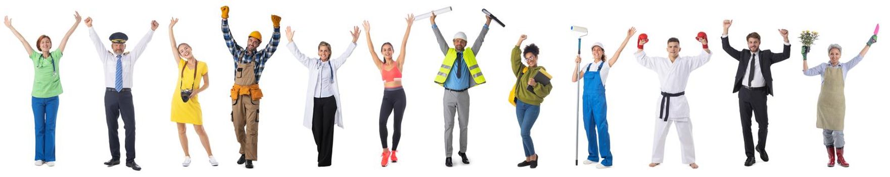 Group of happy people with arms raised representing diverse professions, isolated on white background