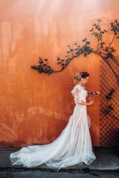 a beautiful bride with pleasant features in a wedding dress is photographed in Provence. Portrait of the bride in France.