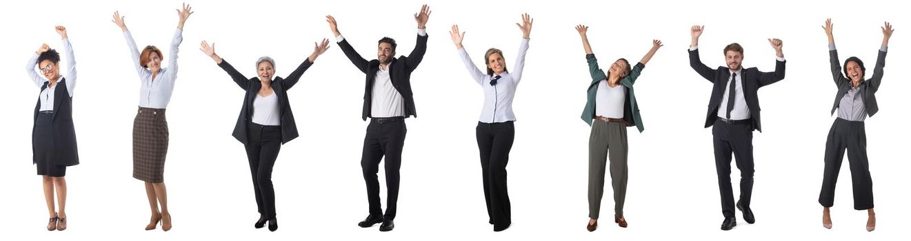 Aet of Happy Multi-racial Group Of Business People Raising Arms Over White Background