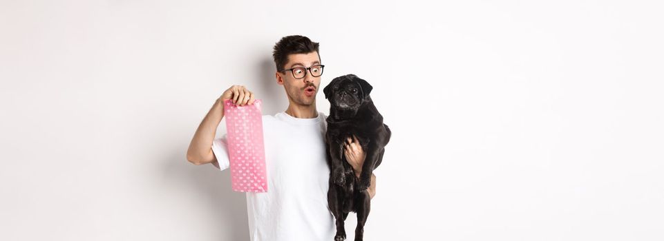 Cheerful young man holding black pug and pink dog poop bag, standing over white background.