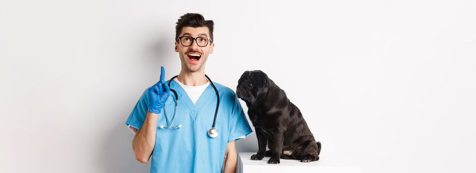 Handsome young doctor at vet clinic pointing finger up and looking amazed, standing near cute black pug dog, white background.