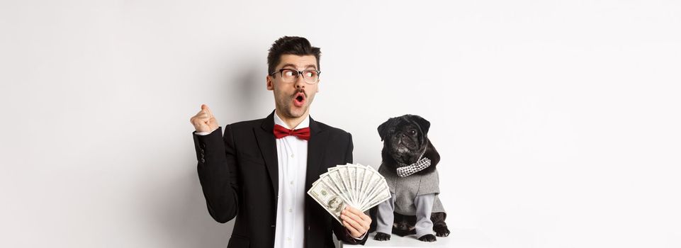 Happy young man in suit earn money with his dog. Guy rejoicing, holding dollars and staring left, black pug in costume staring at camera, white background.