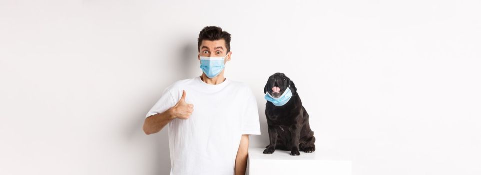 Covid-19, animals and quarantine concept. Image of funny young man and small dog in medical masks, owner showing thumb up in approval, praise something, white background.