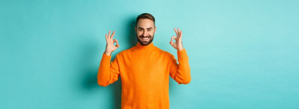 Image of confident smiling man showing okay sign, approve and agree, guarantee quality, standing over light blue background.