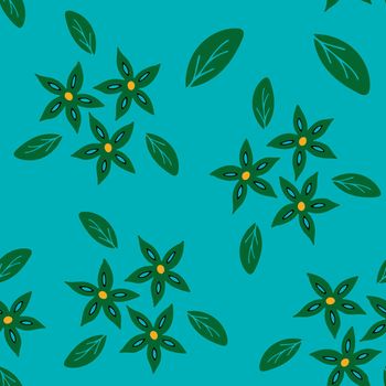 Seamless Repeat Pattern with Flowers and Leaves on Blue background. Hand drawn fabric, gift wrap, wall art design.