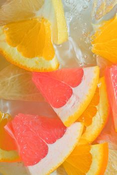 Fresh slices of grapefruit, orange fruit and honey pomelo on white background. Pieces of grapefruit, orange fruit and honey pomelo in sparkling water on white background, close-up. Vertical macro image. Top view, flat design. Summer fruit background.