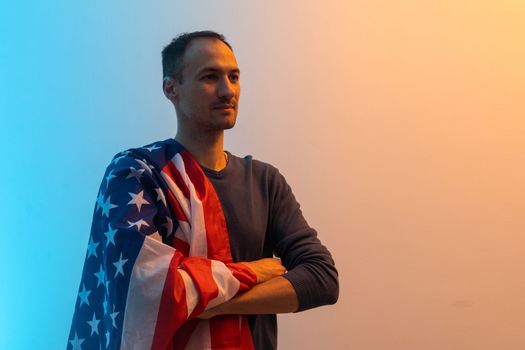 man with usa flag colored background.