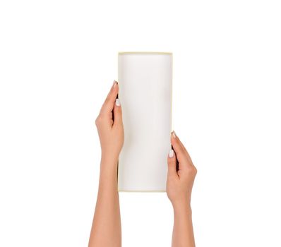 A woman hands hold a white empty paper box container, tidy and top view isolated white.