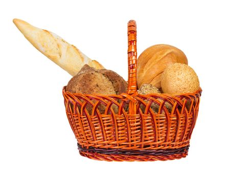 Different kind of bread in basket isolated on white background.