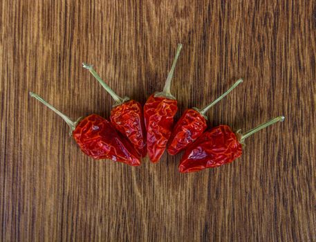 Dried, small red chili pepper on the background of wood, close-up