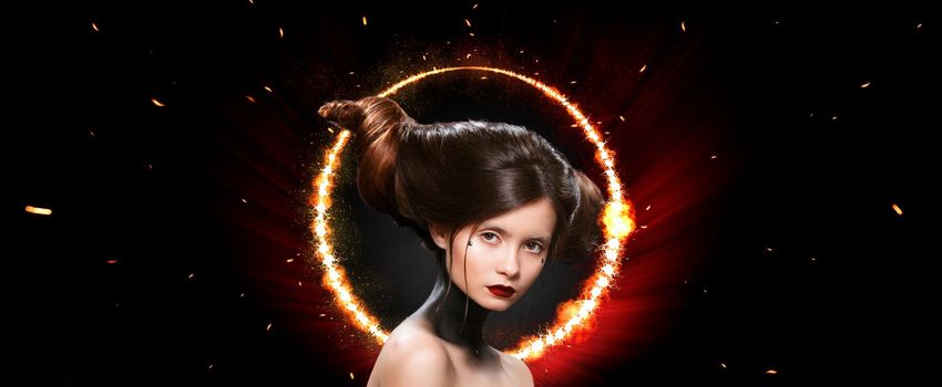 A girl in a glowing neon circle. Woman in color body painting on her face. Design for a poster for a nightclub or karaoke bar on helloween,