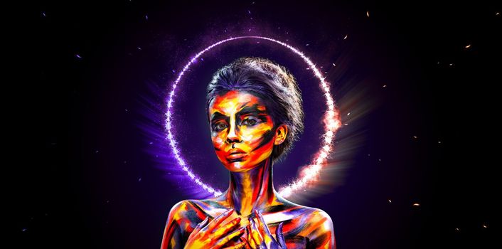 A girl in a glowing neon circle. Woman in color body painting on her face. Design for a poster for a nightclub or karaoke bar