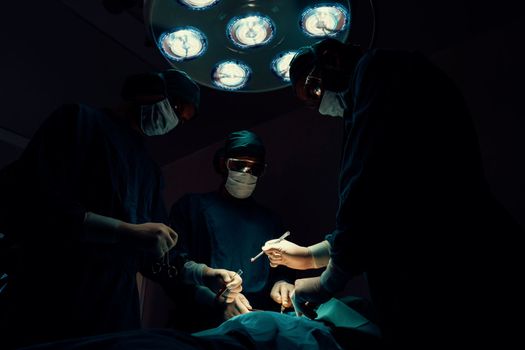 Surgical team performing surgery to patient in sterile operating room. In a surgery room lit by a lamp, a professional and confident surgical team provides medical care to an unconscious patient.