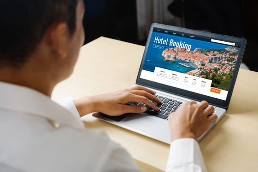 Online hotel accommodation booking website provide modish reservation system . Travel technology concept .