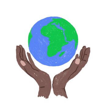 Hand drawn illustration of Earth Day globe planet ecology protection black African American hands holding. Blue green sphere with ocean land, ecological environmental concept, pollution icon symbol