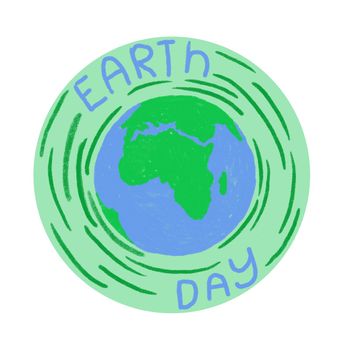 Hand drawn illustration of Earth Day globe planet ecology protection. Blue green sphere with ocean land, ecological environmental concept, pollution icon symbol, cartoon style modern poster