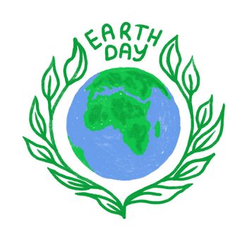 Hand drawn illustration of Earth Day globe planet ecology protection. Blue green sphere with ocean land, ecological environmental concept, pollution icon symbol, cartoon style modern poster