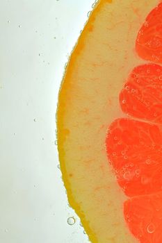 Close-up of juicy grapefruit slice on white background. Slice of red grapefruit in sparkling water on white background, close-up. Vertical macro image.