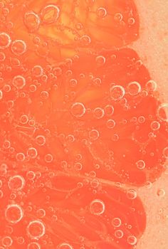 Red grapefruit slice floating in club soda. Fresh grapefruit slice with bubbles in carbonated drink. Fresh natural red grapefruit slice covered by bubbles.