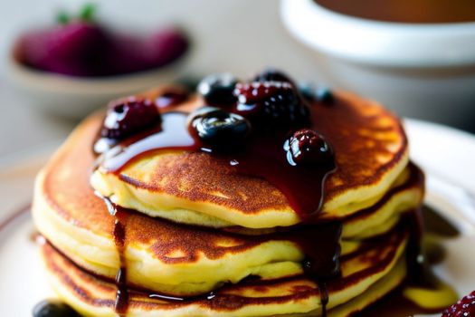 shalow focused closeup of pancakes with berries on top