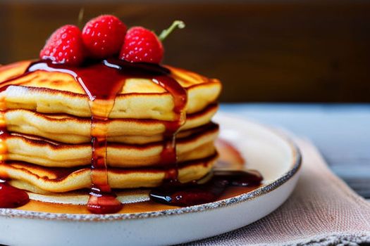 Rasberries on panckakes for a morning breakfast