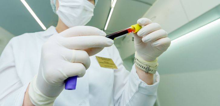 A nurse in a laboratory takes a blood test from a patient