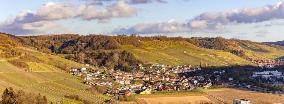 Panoramic view of the forest and vineyards valley above Criesbach in Hohenlohekreis, Germany