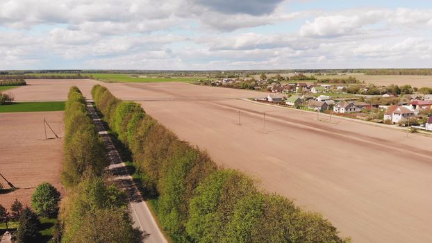 Country fields in the springtime. Drone view
