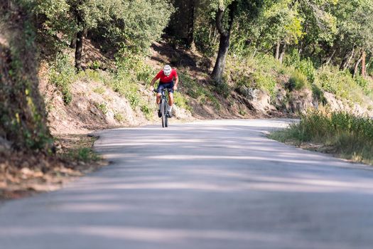 unrecognizable cyclist training hard with his mountain bike on a forest road, concept of freedom and sport in nature, copy space for text