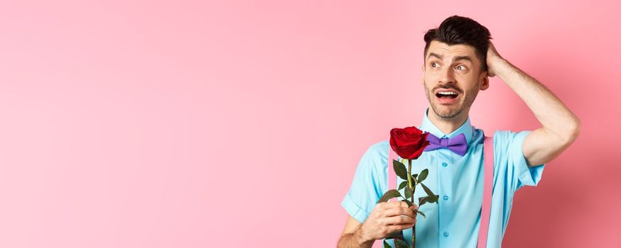 Nervous man waiting for his date on Valentines day, holding red rose and looking confused sideways, scratching head anxiously, standing on pink background.