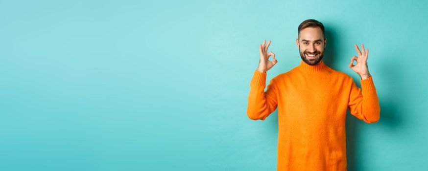 Image of confident smiling man showing okay sign, approve and agree, guarantee quality, standing over light blue background.