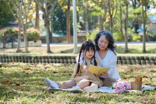 Asian Grandmother and Granddaughter hug together outdoor park. Hobbies and leisure, lifestyle, family life, happiness moment concept.