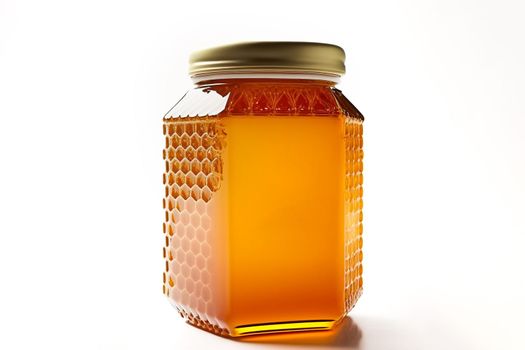 Glass jar full of sweet honey isolated on white background.
