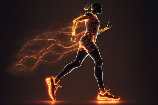 Woman running on a dark background in the form of glowing lines. Digital composite of a woman doing sports. The concept of sports.