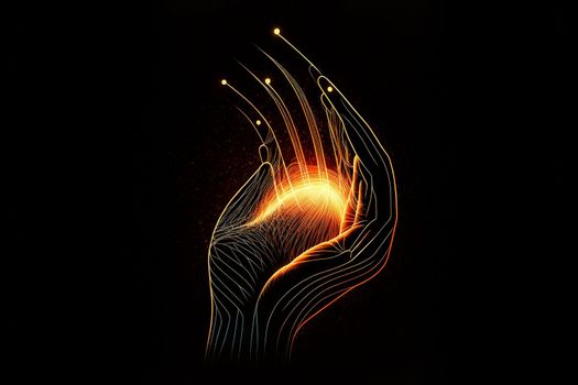 Modern abstract concept of energy. Future energy in human hands Hand in the form of luminous lines. Technological motion pattern for banner or poster background concept