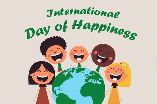 International Day of Happiness. Happy people next to planet earth.