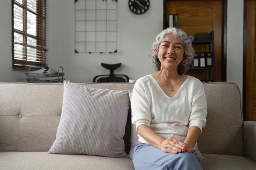 Portrait happy healthy elderly woman sitting on comfortable couch at home