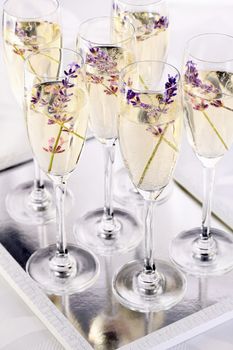 Lavender mood. Champagne with soft gentle notes of lavender. Drink for a wedding dinner. Wedding theme ideas.