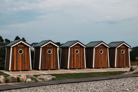 Wooden houses on the ocean coast bathing cabins at Saint marguerite sur mer