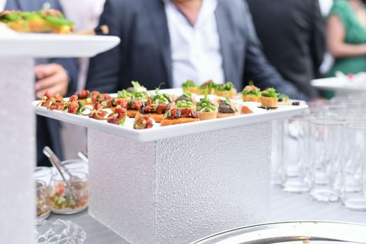 Small Canapes appetizers at the wedding