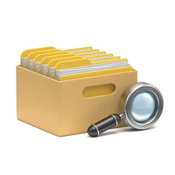 Cardboard box with yellow folders and search glass 3D rendering illustration isolated on white background