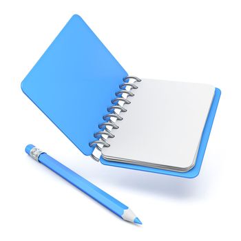 Blue empty notepad with blue pencil 3D rendering illustration isolated on white background