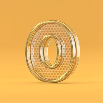 Gold wire and glass font Number 0 ZERO 3D rendering illustration isolated on orange background