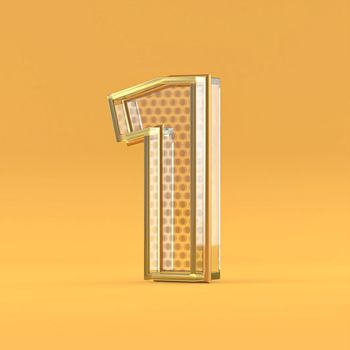 Gold wire and glass font Number 1 ONE 3D rendering illustration isolated on orange background