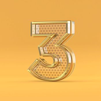 Gold wire and glass font Number 3 THREE 3D rendering illustration isolated on orange background