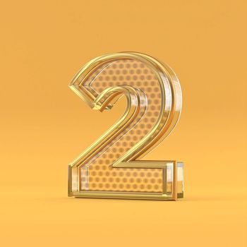 Gold wire and glass font Number 2 TWO 3D rendering illustration isolated on orange background