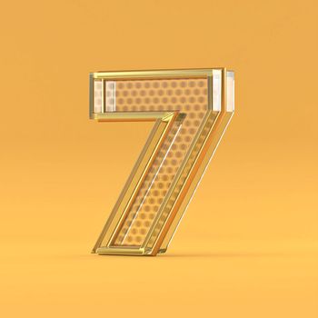 Gold wire and glass font Number 7 SEVEN 3D rendering illustration isolated on orange background