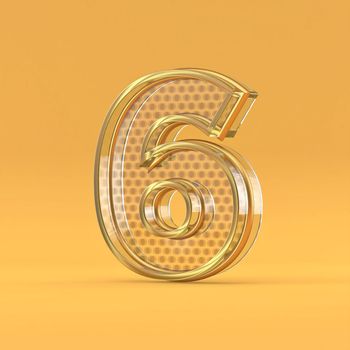 Gold wire and glass font Number 6 SIX 3D rendering illustration isolated on orange background