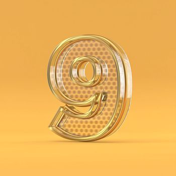 Gold wire and glass font Number 9 NINE 3D rendering illustration isolated on orange background